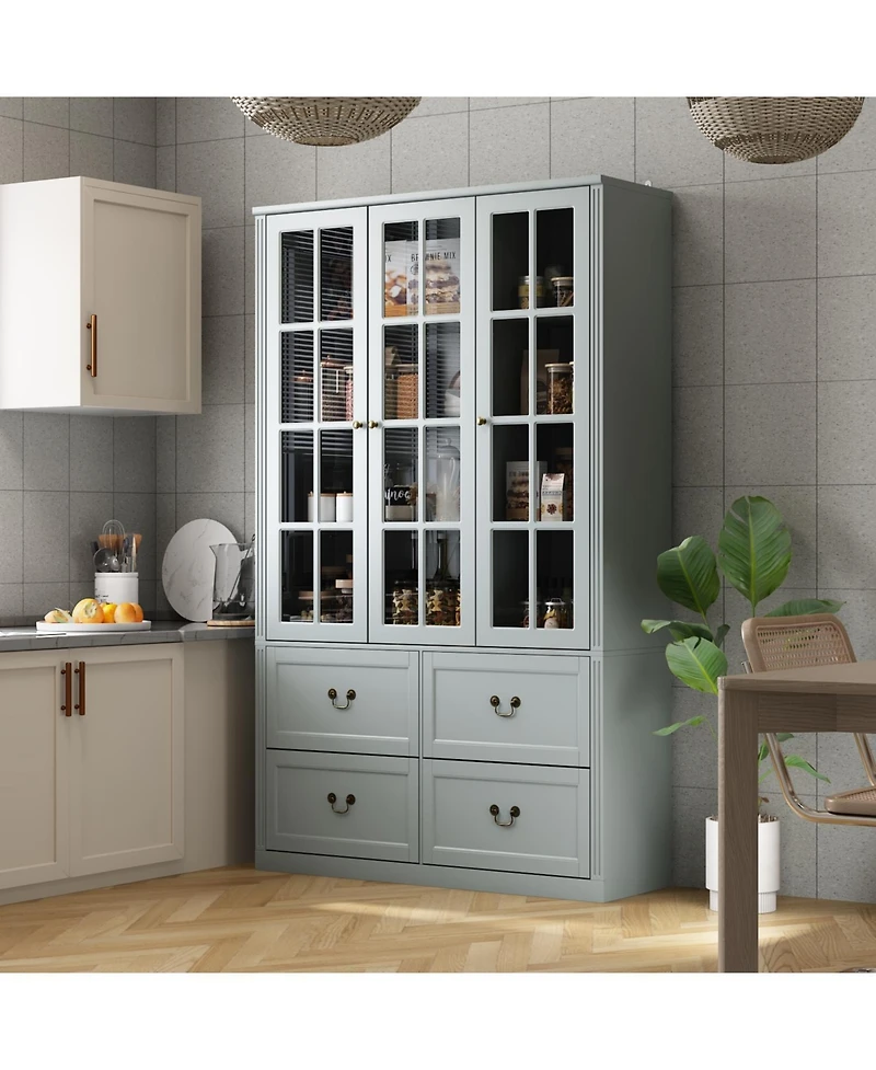 Famapy Grey Wood Bookcase With Tempered Glass Doors and 6-Drawers