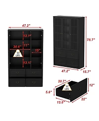 Famapy Grey Wood Bookcase With Tempered Glass Doors and 6-Drawers