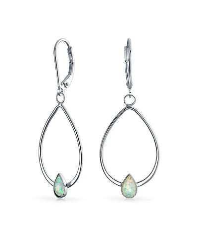 Bling Jewelry Geometric Thin Created White Opal Accent Lever back Open Oval Hoop Dangle Earrings For Women Sterling Silver