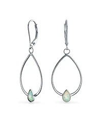 Bling Jewelry Geometric Thin Created White Opal Accent Lever back Open Oval Hoop Dangle Earrings For Women Sterling Silver