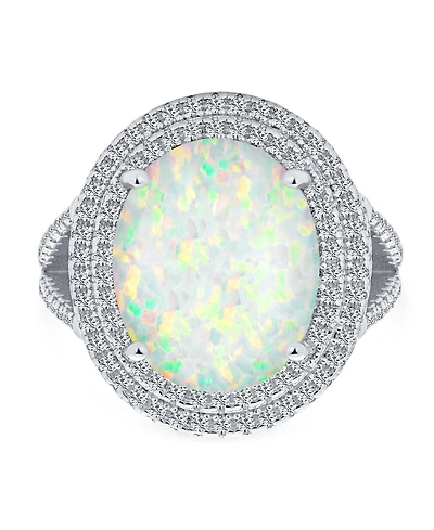Bling Jewelry White Synthetic Opal Oval Split Shank Pave Cz Accent Double Halo Statement Ring .925 Sterling Silver