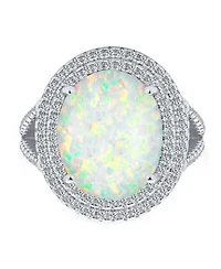 Bling Jewelry White Synthetic Opal Oval Split Shank Pave Cz Accent Double Halo Statement Ring .925 Sterling Silver