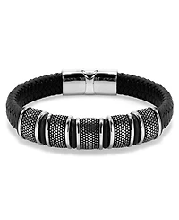 Rhona Sutton Black Vanguard Gun Metal Leather Stainless Steel Bracelet