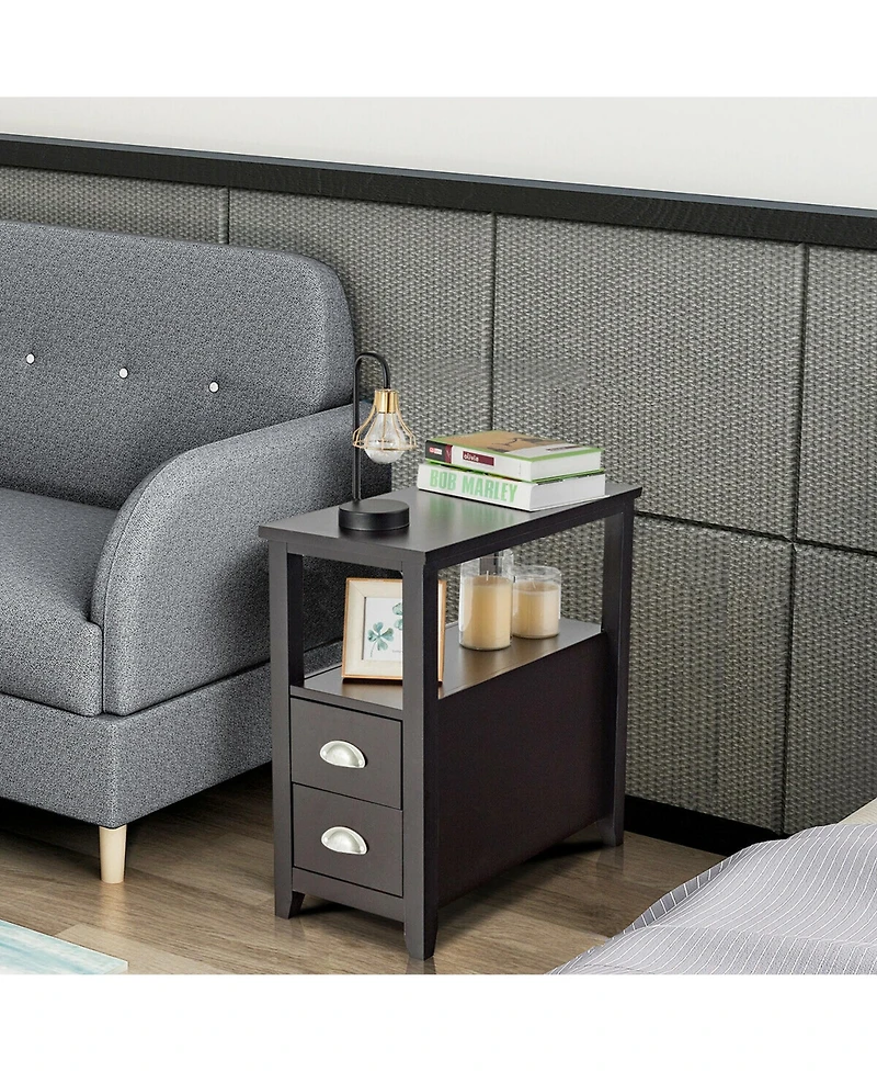 Gymax Set of 2 End Bedside Table Rectangular Nightstand W/ 2 Drawers & Shelf Espresso