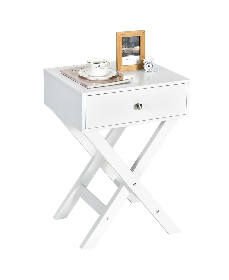 Gymax Set of 2 X-Shaped Nightstand Side End Table Bedside Table w/ Drawer White