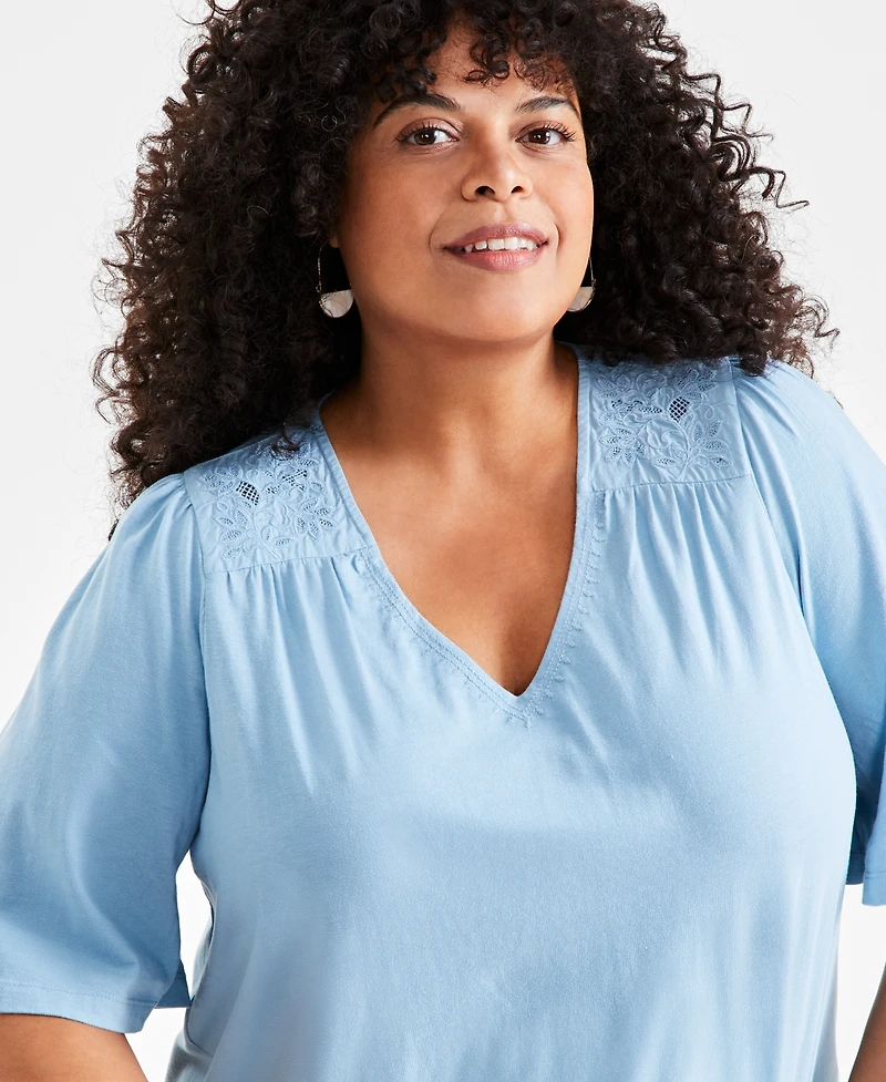 Style & Co Plus Size Lace-Trim Flutter-Sleeve Top, Created for Macy's