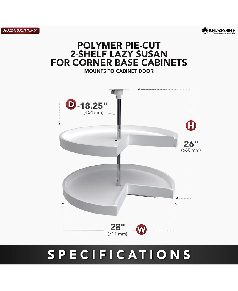 Rev-a-Shelf 28'' Lazy Susan Pie-Cut Polymer 2-Shelf, White, 6942-28-11-52