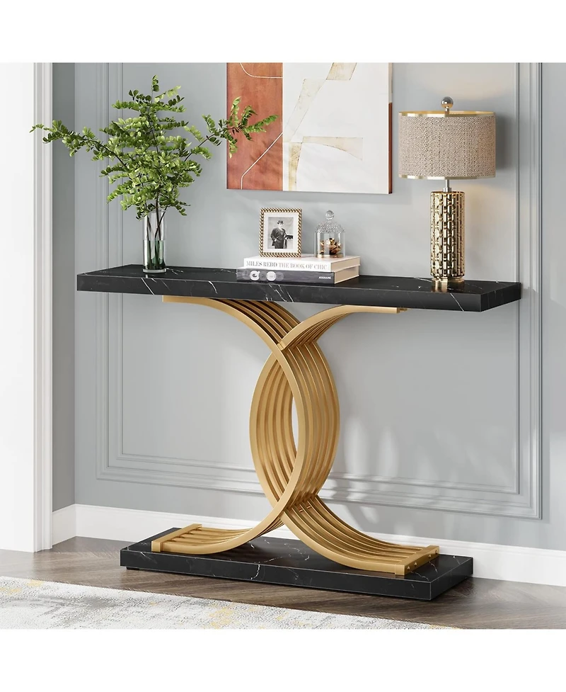 Tribesigns Gold Entryway Table, Modern 39-Inch Console/Accent Table with Geometric Metal Legs, Faux Marble Narrow Wood Sofa Table, Foyer Table for Ent