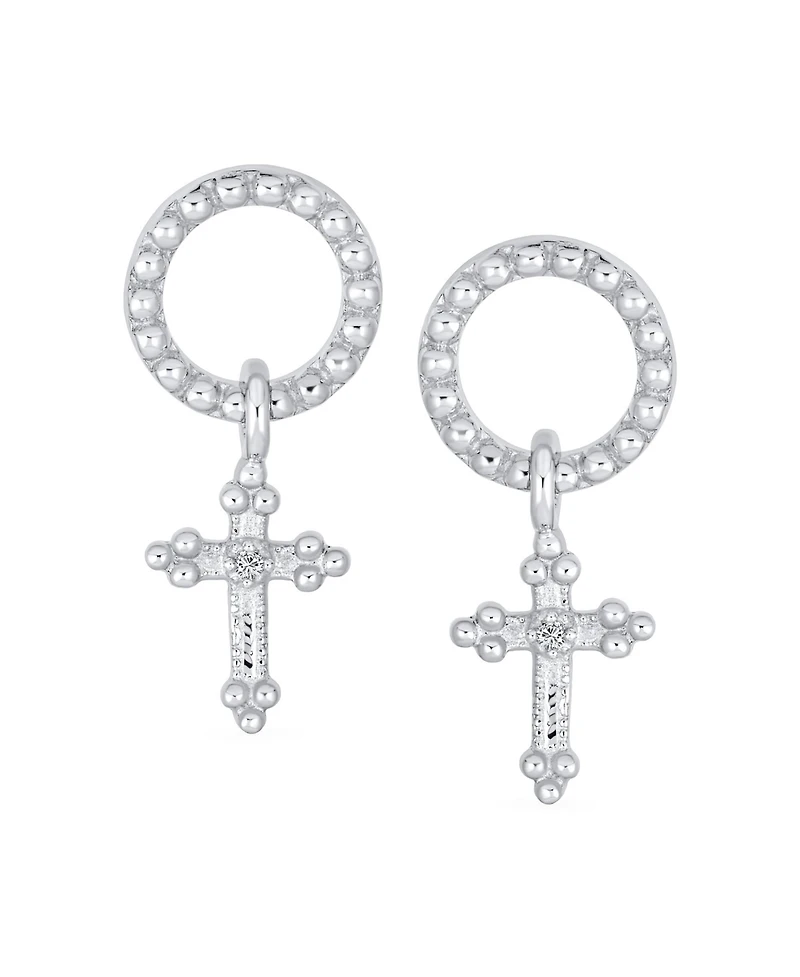 Bling Jewelry Classic Christian Religious Spiritual Eternal Circle & Fleur De Lis Dangle Cross Earrings .925 Sterling Silver