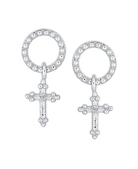 Bling Jewelry Classic Christian Religious Spiritual Eternal Circle & Fleur De Lis Dangle Cross Earrings .925 Sterling Silver