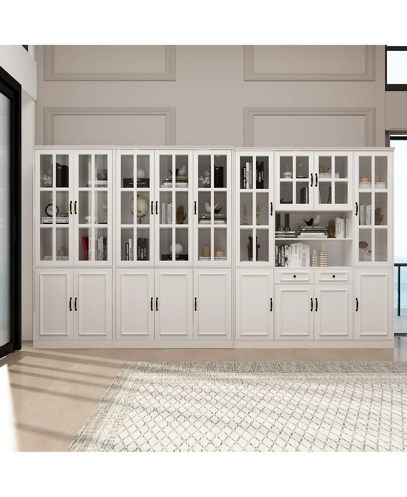 Famapy Luxurious Wall Wide White Bookcase with 30 Shelves & Doors