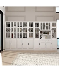 Famapy Luxurious Wall Wide White Bookcase with 30 Shelves & Doors