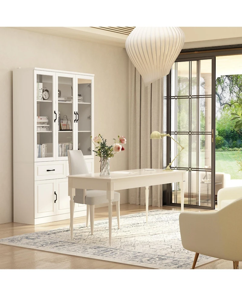 Famapy 8-Shelf White Wood Standard Bookcase with Shelves,Drawers