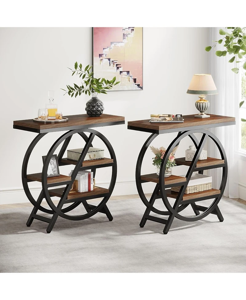 Tribesigns End Table Set of 2, 3-Tier Narrow Sofa Side Table with Storage for Living Room, Wood End Table with Geometric Metal Frame, Industrial Night