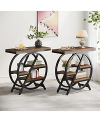 Tribesigns End Table Set of 2, 3-Tier Narrow Sofa Side Table with Storage for Living Room, Wood End Table with Geometric Metal Frame, Industrial Night