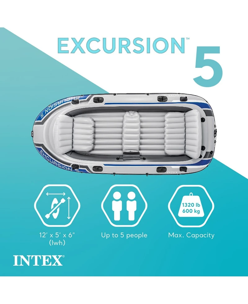 Intex Excursion 5 Inflatable Fishing Boat Set with Transom Mount Trolling Motor