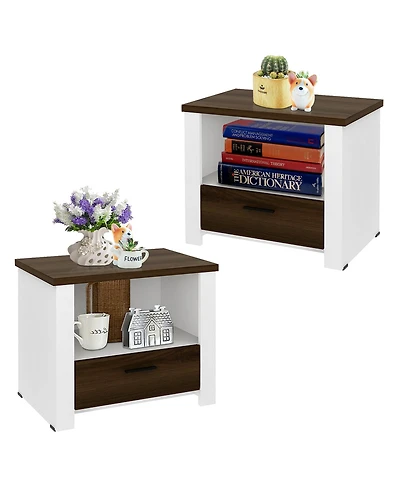 Gymax 2PCS Accent Nightstand Drawer and Open Shelf Sofa End Table Bedroom Living Room