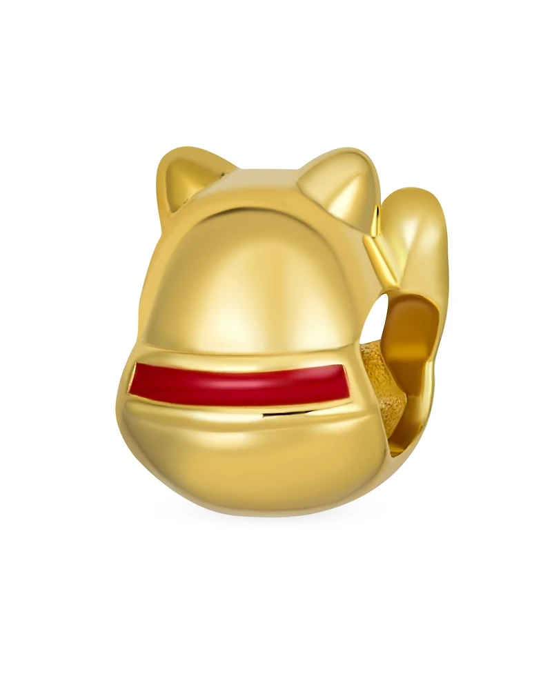 Bling Jewelry Japanese Maneki Neko Lucky Cat Good Fortune Dangle Charm Bead Red Enamel .925 Sterling Silver Fits European Bracelet