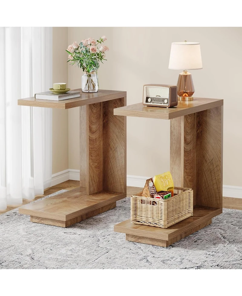 Tribesigns C-Shaped Side Table, 2-Tier Narrow End Table with Sturdy Pedestal, Wood Bedside Table Nightstand, Industrial Sofa End Table, Brown, 2PCS
