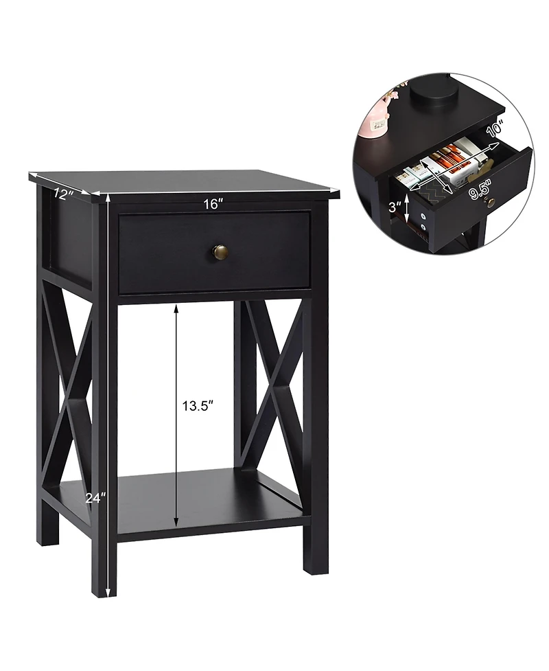 Gymax Set of 2 Nightstand Sofa Side End Table X-Design w/ Shelf Drawer Brown