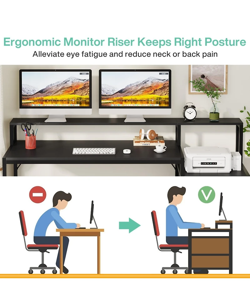 Tribesigns 63 Inch Computer Desk with File Drawer Cabinet, Ergonomic Office Monitor Stand, Table Printer Space, Wood Pc