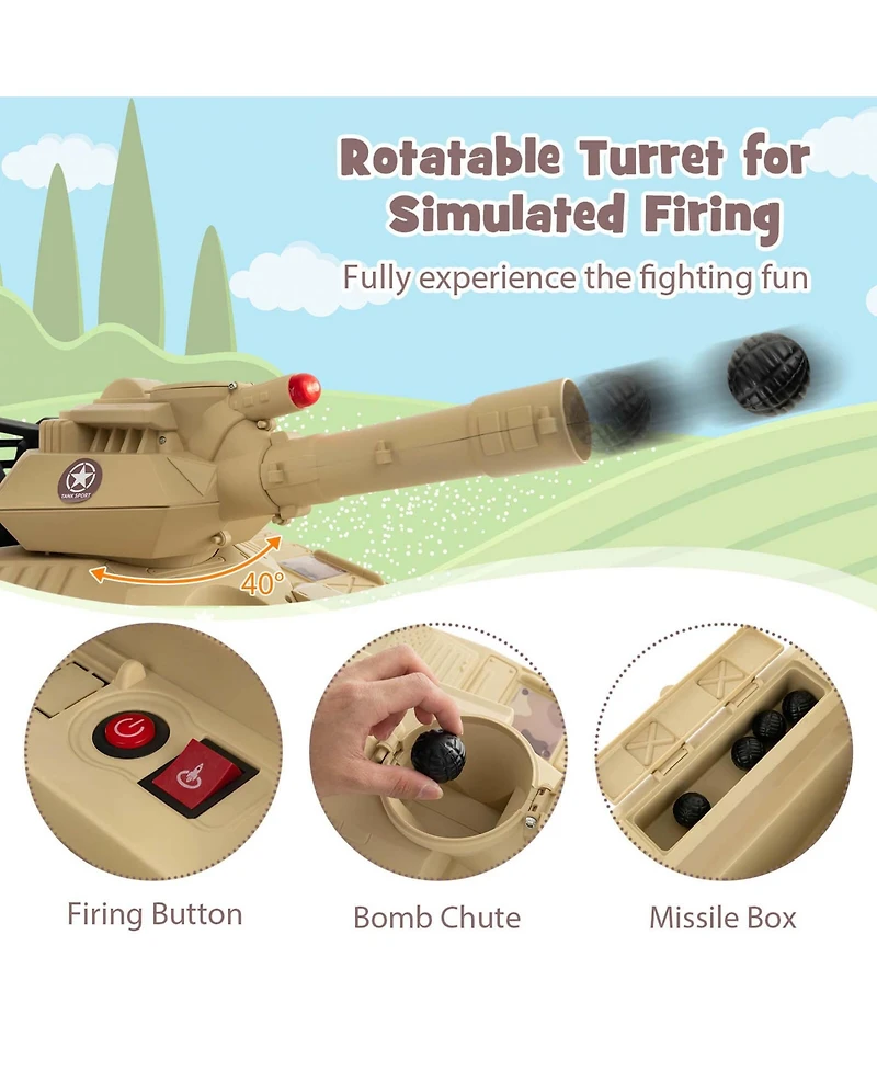 Electric Kids Ride On Tank with Rubber Tracks Rotatable Turret & Working Cannon