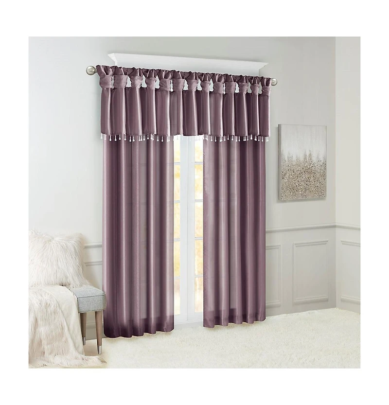 Madison Park Emilia Lightweight Faux Silk Valance With Beads, 26 inch valances for windows, Width 50 length 26 inches, Purple curtain with valance