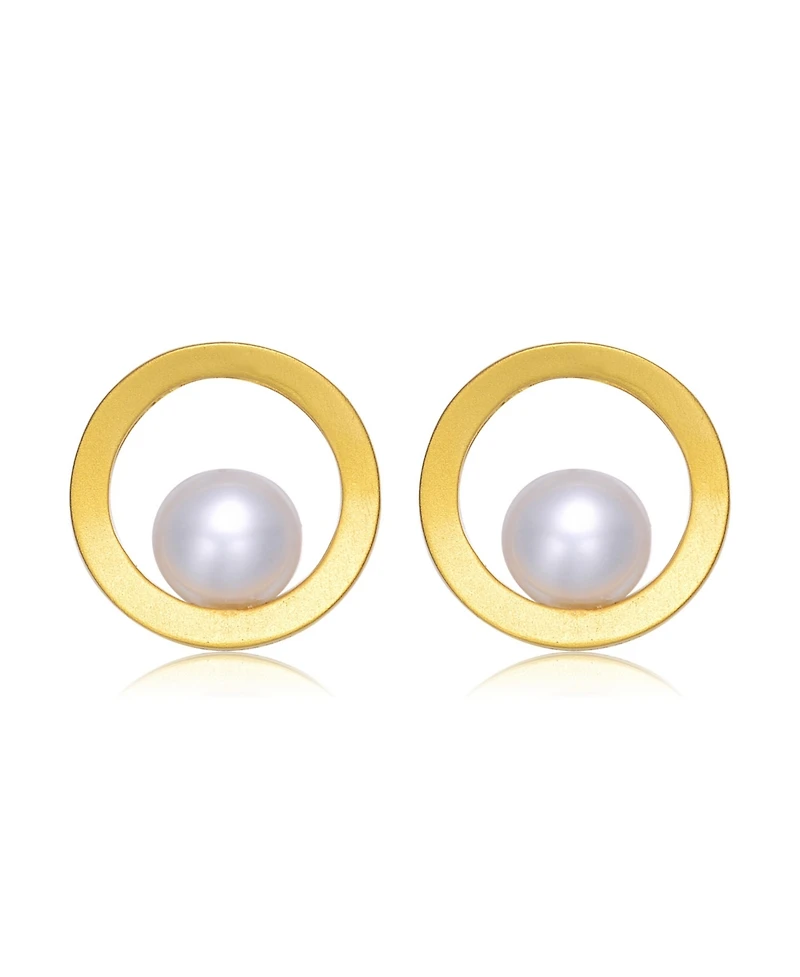 Sterling Silver 14k Gold Plated with Genuine Freshwater Round Pearl Stud Earrings