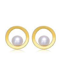 Sterling Silver 14k Gold Plated with Genuine Freshwater Round Pearl Stud Earrings
