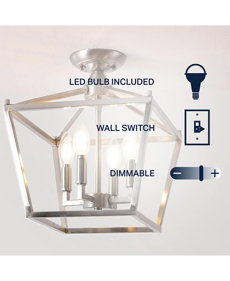 Jonathan Y Plains Mini Lantern 12" 4-Light Iron Modern Farmhouse Led Flush Mount, Nickel