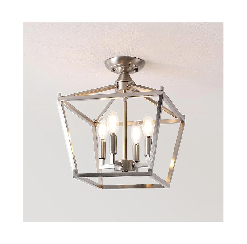 Jonathan Y Plains Mini Lantern 12" 4-Light Iron Modern Farmhouse Led Flush Mount, Nickel