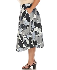 White Mark Plus Leaf Print Vintage Flared Midi Skirt