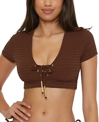 Trina Turk Women's Glimmer Lace-Up Crop Swim Tee Top