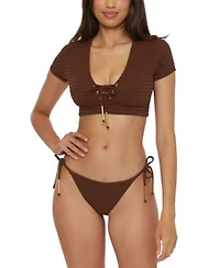 Trina Turk Womens Glimmer Lace Up Crop Swim Tee Top Bikini Bottoms