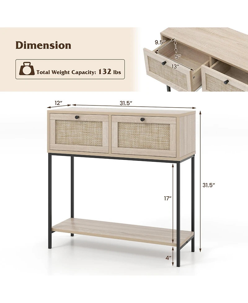 Rattan Console Table with 2 Rattan Drawers & Open Storage Shelf Metal Legs