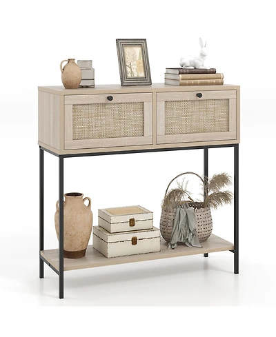 Rattan Console Table with 2 Rattan Drawers & Open Storage Shelf Metal Legs