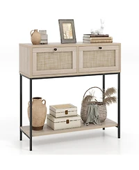 Rattan Console Table with 2 Rattan Drawers & Open Storage Shelf Metal Legs