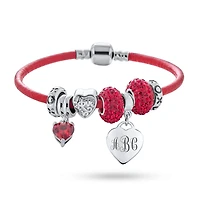 Bling Jewelry Initial Heart Lover Couples Valentine Bff Starter Beads Multi Charm Bracelet Red Leather For Women .925 Sterling Silver European Barrel