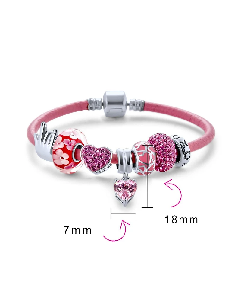 Bling Jewelry I Love You Hand Sign Heart Princess Themed Beads Multi Charm Bracelet For Women .925 Sterling Silver Pink Leather European Barrel Snap C