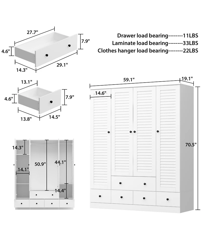Homsee Brown Wood 4 Shutter Doors Armoires Wardrobe with Drawers, Hanging Rod