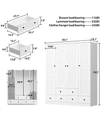Homsee Brown Wood 4 Shutter Doors Armoires Wardrobe with Drawers, Hanging Rod
