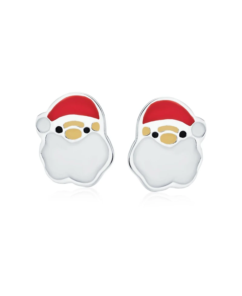 Bling Jewelry Small Holiday Winter White Red Enamel Christmas Cartoon Jolly Santa Claus Stud Earrings .925 Sterling Silver