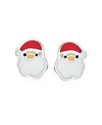 Bling Jewelry Small Holiday Winter White Red Enamel Christmas Cartoon Jolly Santa Claus Stud Earrings .925 Sterling Silver