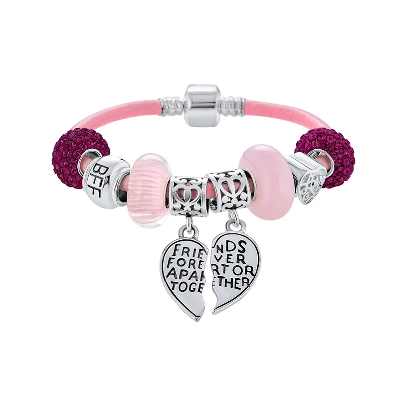 Bling Jewelry 2 Piece Bead Best Friend Sorority Sister Bff Split Heart Theme Multi Charm Bracelet Pink Leather For Women .925 Sterling Silver European