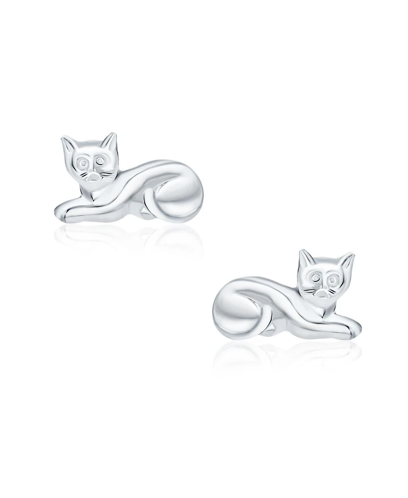 Bling Jewelry Cute Sweet Animal Pet Sitting Laying Kitten Kitty Curious Cat Stud Earrings Polished Shinny .925 Sterling Silver
