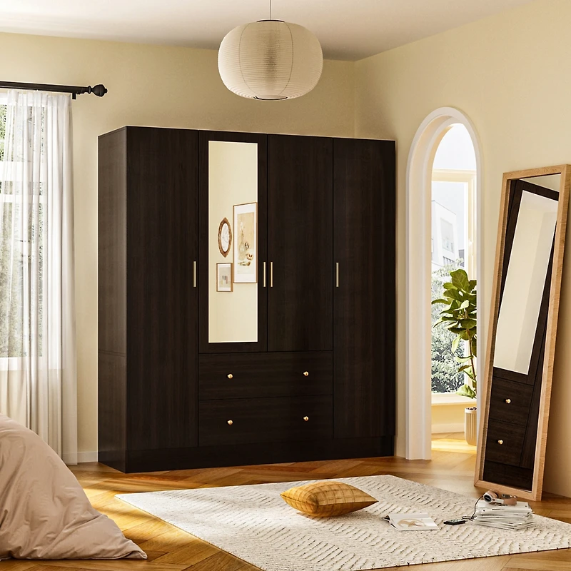 Famapy White 4-Door Armoires with Mirror, 2 Hanging Rods, 2-Drawers