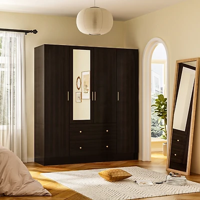 Famapy White 4-Door Armoires with Mirror, 2 Hanging Rods, 2-Drawers