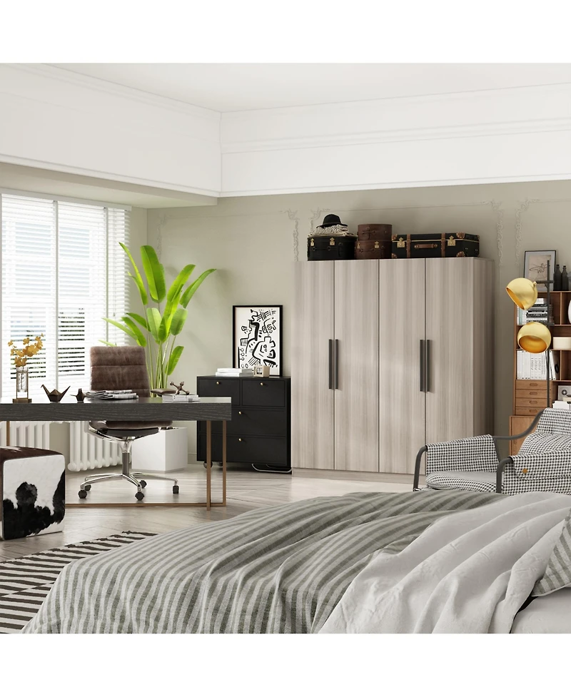 Famapy Grey Wood 4-Door Wardrobe Armoires with Hanging Rod and Storage Shelves