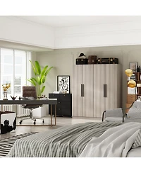 Famapy Grey Wood 4-Door Wardrobe Armoires with Hanging Rod and Storage Shelves