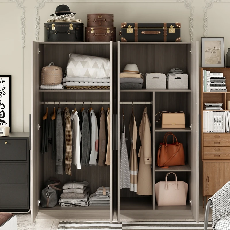 Famapy Grey Wood 4-Door Wardrobe Armoires with Hanging Rod and Storage Shelves